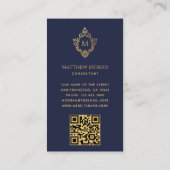 Monogram Navy Blue Faux Gold Crest QR-code Visitekaartje (Achterkant)