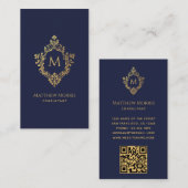 Monogram Navy Blue Faux Gold Crest QR-code Visitekaartje (Voorkant / Achterkant)