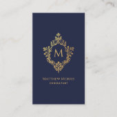 Monogram Navy Blue Faux Gold Crest QR-code Visitekaartje (Voorkant)