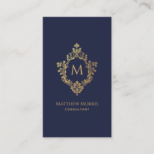 Monogram Navy Blue Faux Gold Crest QR-code Visitekaartje (Voorkant)