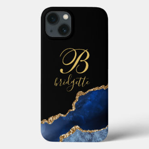 Monogram Navy Blue Glitter Agate iPhone 13 Hoesje
