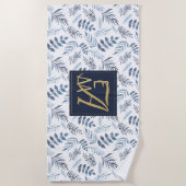 Monogram Navy Blue Gold Botanical Leaves Ferns Strandlaken (Voorkant)