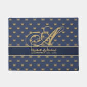 Monogram Navy Blue Gold Crown King Queen PASSEN GE Deurmat (Voorkant)