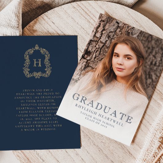 Monogram Navy Blue Gold Photo Grad Faire-part
