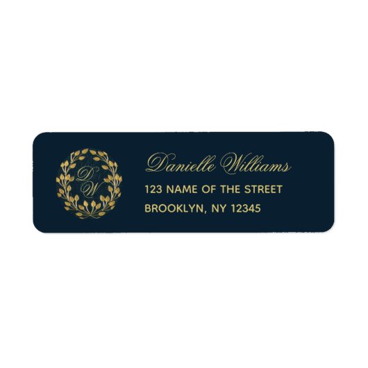 Monogram Navy Blue Gold Wreath Elegant Calligraphy Etiket (Voorkant)