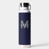 Monogram Navy Blue Name Waterfles (Achterkant)