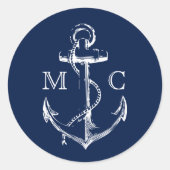 Monogram Navy Blue Nautical Anchor Ronde Sticker (Voorkant)
