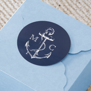 Monogram Navy Blue Nautical Anchor Ronde Sticker