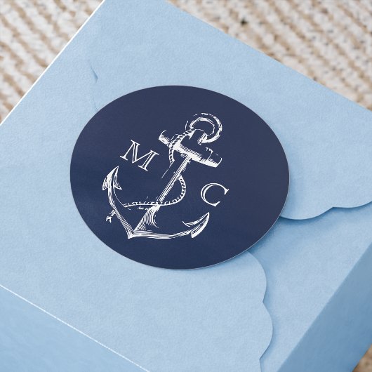 Monogram Navy Blue Nautical Anchor Ronde Sticker