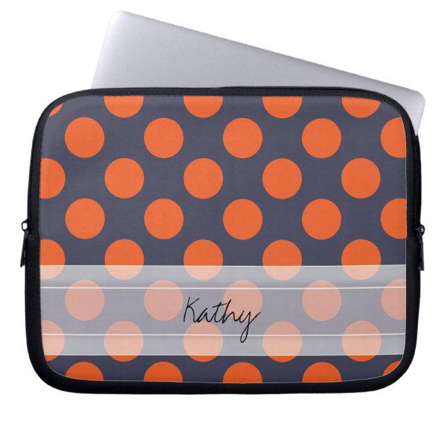 Monogram Navy Blue Oranje Chic Polka Dot Pattern Laptop Sleeve (Voorkant)