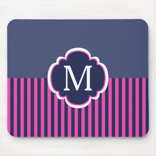 Monogram Navy Blue Pink Stripes Muismat (Voorkant)