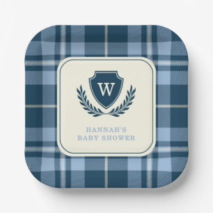 Monogram Navy Blue Plaid Baby Boy Shower Papieren Bordje
