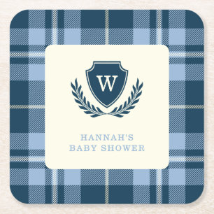 Monogram Navy Blue Plaid Baby shower Celebration Vierkante Kartonnen Onderzetter
