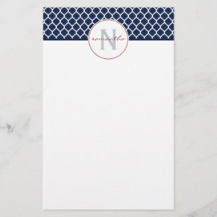 Monogram Navy Blue Quatrefoil Briefpapier