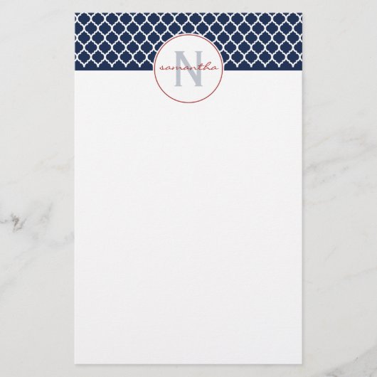 Monogram Navy Blue Quatrefoil Briefpapier (Voorkant)