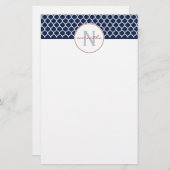 Monogram Navy Blue Quatrefoil Briefpapier (Voorkant / Achterkant)