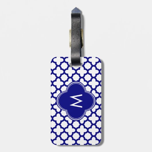 Monogram Navy Blue Quatrefoil Pattern Bagagelabel (Achterkant verticaal)