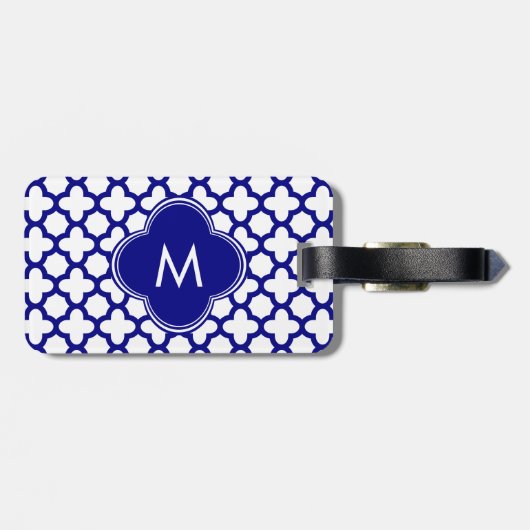 Monogram Navy Blue Quatrefoil Pattern Bagagelabel (Achterkant horizontaal)
