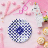 Monogram Navy Blue Quatrefoil Pattern Papieren Bordje (Feest)