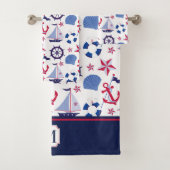Monogram Navy Blue Red Nautical Pattern Bad Handdoek (Insitu)