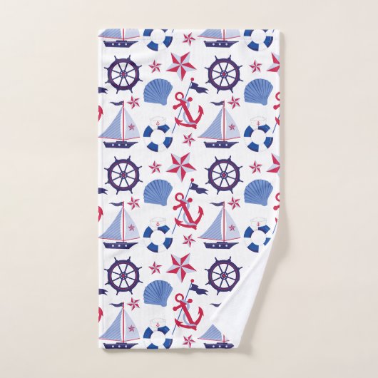Monogram Navy Blue Red Nautical Pattern Bad Handdoek (Handdoek)
