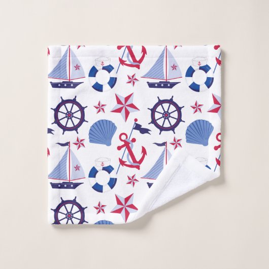 Monogram Navy Blue Red Nautical Pattern Bad Handdoek (Wasdoekje)