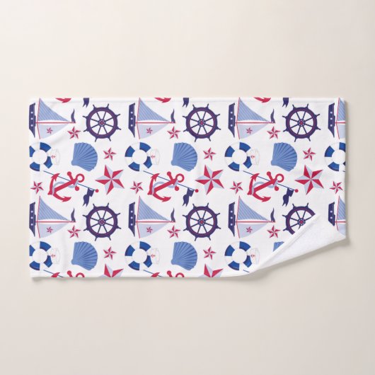 Monogram Navy Blue Red Nautical Pattern Bad Handdoek (Handdoek)