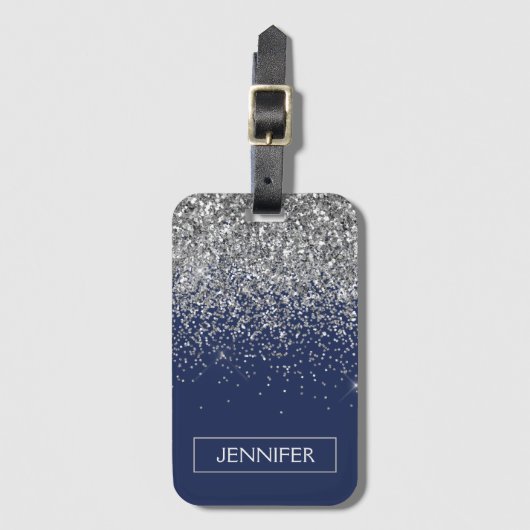 Monogram Navy Blue Silver Glam Glitter Bagagelabel (Voorkant (verticaal))