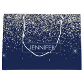 Monogram Navy Blue Silver Glam Glitter Groot Cadeauzakje (Voorkant)