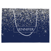 Monogram Navy Blue Silver Glam Glitter Groot Cadeauzakje (Achterkant)
