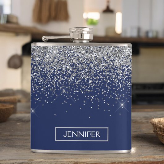 Monogram Navy Blue Silver Glam Glitter Heupfles