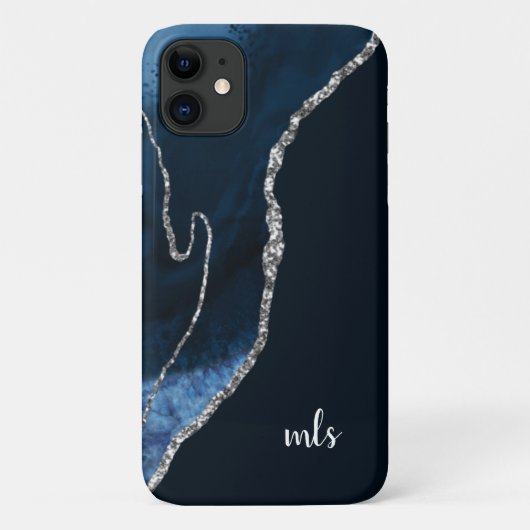 Monogram Navy Blue Silver Glitter Chic Modern Case-Mate iPhone Case (Achterkant)