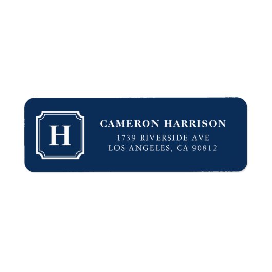 Monogram Navy Blue Square Lijst Curved Corners Etiket (Voorkant)