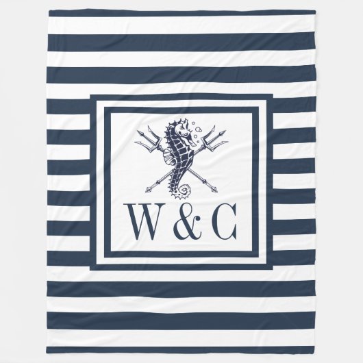Monogram Navy Blue Stripe Nautical Seahorse Fleece Deken (Voorkant)