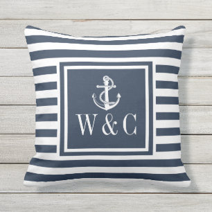 Monogram Navy Blue Striped Nautical Anchor Buitenkussen