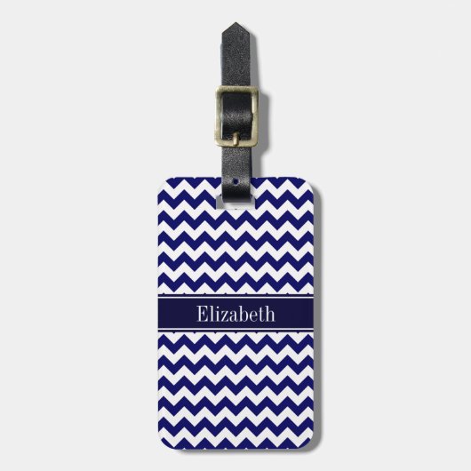 Monogram Navy Blue White Chevron Navy Bagagelabel (Voorkant verticaal)