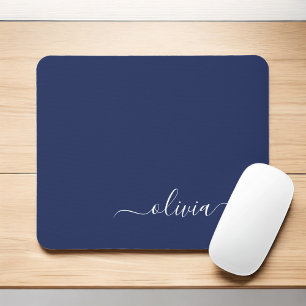 Monogram Navy Blue White Girly Naam modern Muismat