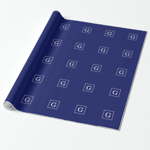 Monogram Navy Blue White Initiaal Cadeaupapier