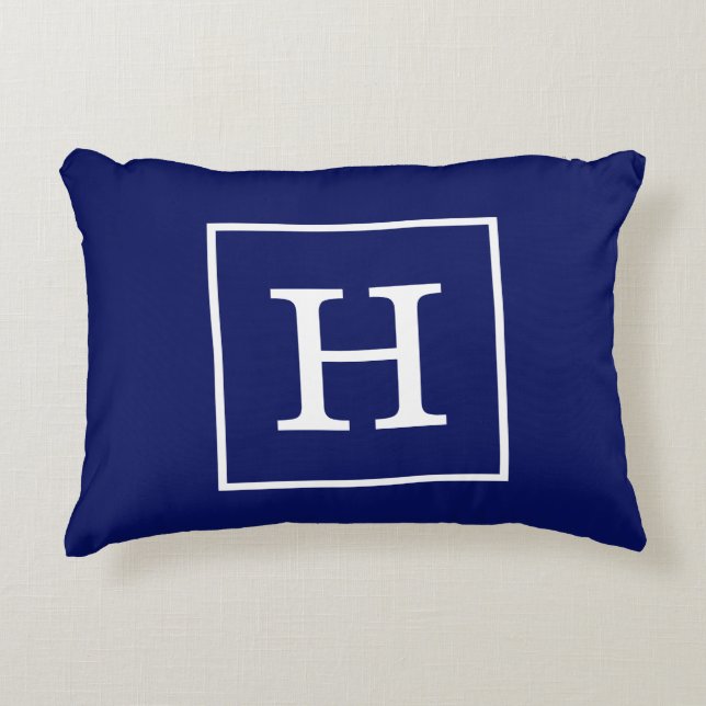 Monogram Navy Blue White Initiaal Decoratief Kussen (Voorkant)