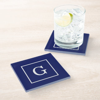 Monogram Navy Blue White Initiaal Glazen Onderzetter