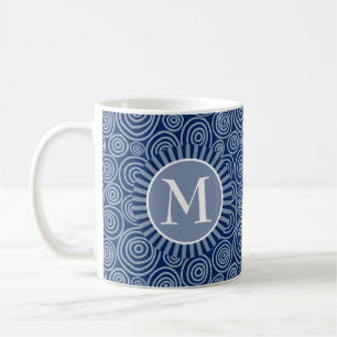 Monogram Navy Blue White Spirals - Gepersonaliseer Koffiemok