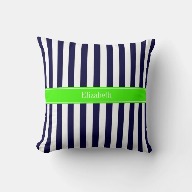 Monogram Navy Blue White Stripe Limoen Kussen (Voorkant)