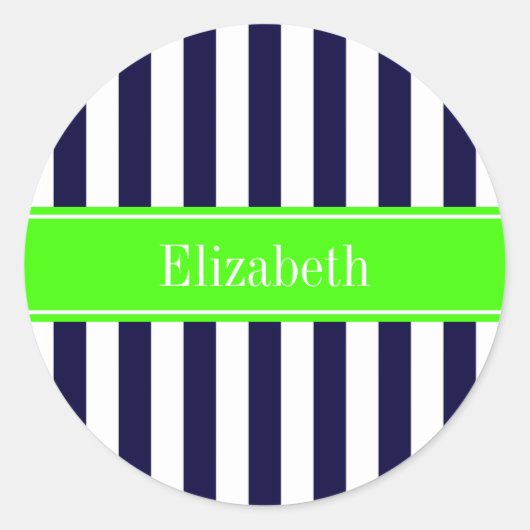 Monogram Navy Blue White Stripe Limoen Ronde Sticker (Voorkant)
