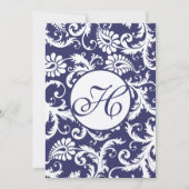 Monogram Navy Damask Swirls Wedding Invitation Kaart (Voorkant)