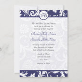 Monogram Navy Damask Swirls Wedding Invitation Kaart (Achterkant)