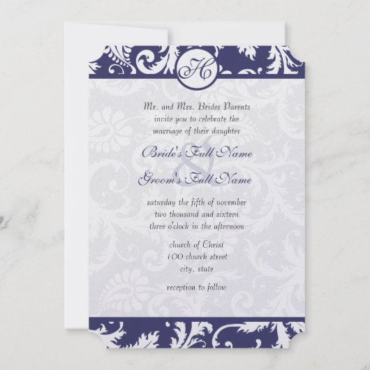 Monogram Navy Damask Swirls Wedding Invitation Kaart (Achterkant)