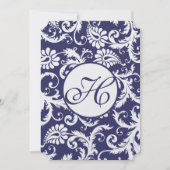Monogram Navy Damask Swirls Wedding Invitation Kaart (Voorkant)
