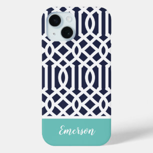Monogram Navy en Aqua Trellis