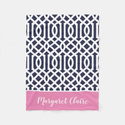 Monogram Navy en Pink Trellis | bewerkbare kleuren Fleece Deken (Voorkant)