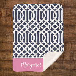 Monogram Navy en Pink Trellis | bewerkbare kleuren Sherpa Deken